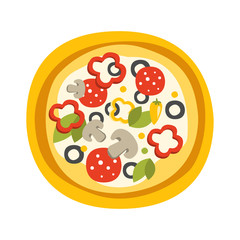 Round Full Pizza With Pepperoni Primitive Cartoon Icon, Part Of Pizza Cafe Series Of Clipart Illustrations