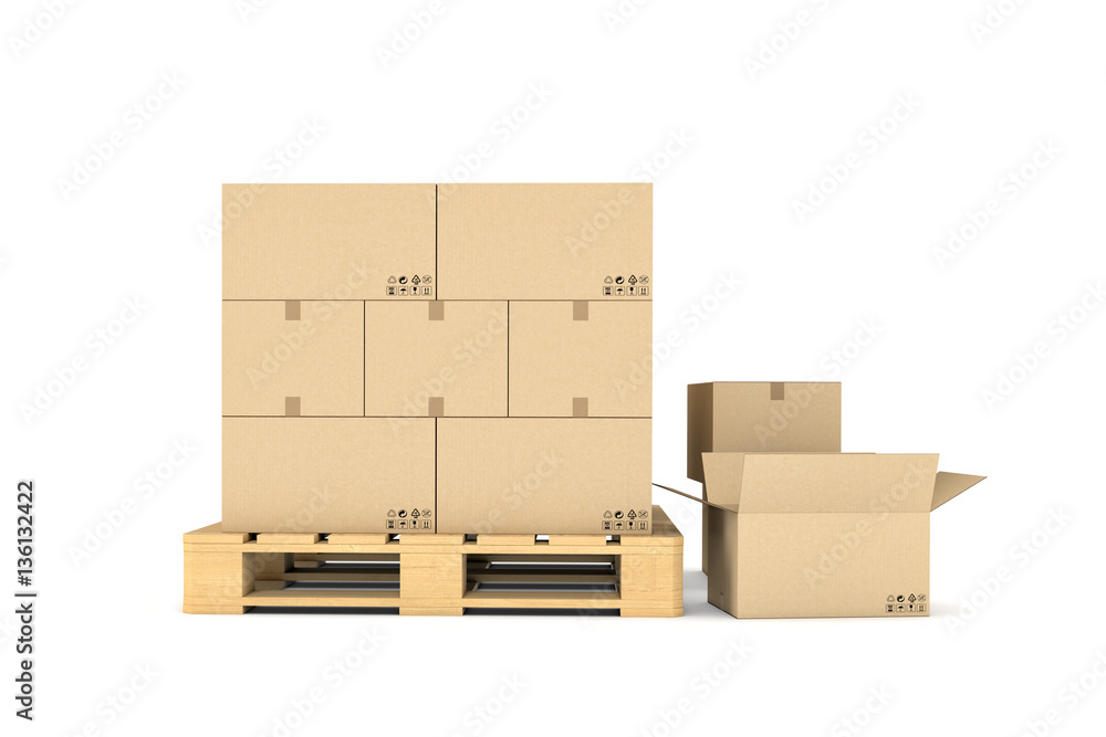 Poster rendering of several carton boxes stacked evenly on a double-decked pallet