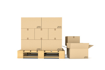 Rendering of several carton boxes stacked evenly on a double-decked pallet