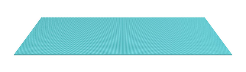 3d rendering of a blue rolled out yoga mat on white background.