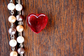 Red Glass Heart on Merbau Timber with pearls