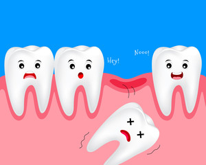Cute cartoon tooth character. Lost baby teeth concept. Dental care illustration.