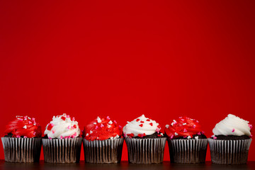 cupcakes set many for valentines on red close up heart dark