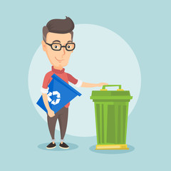 Man with recycle bin and trash can.