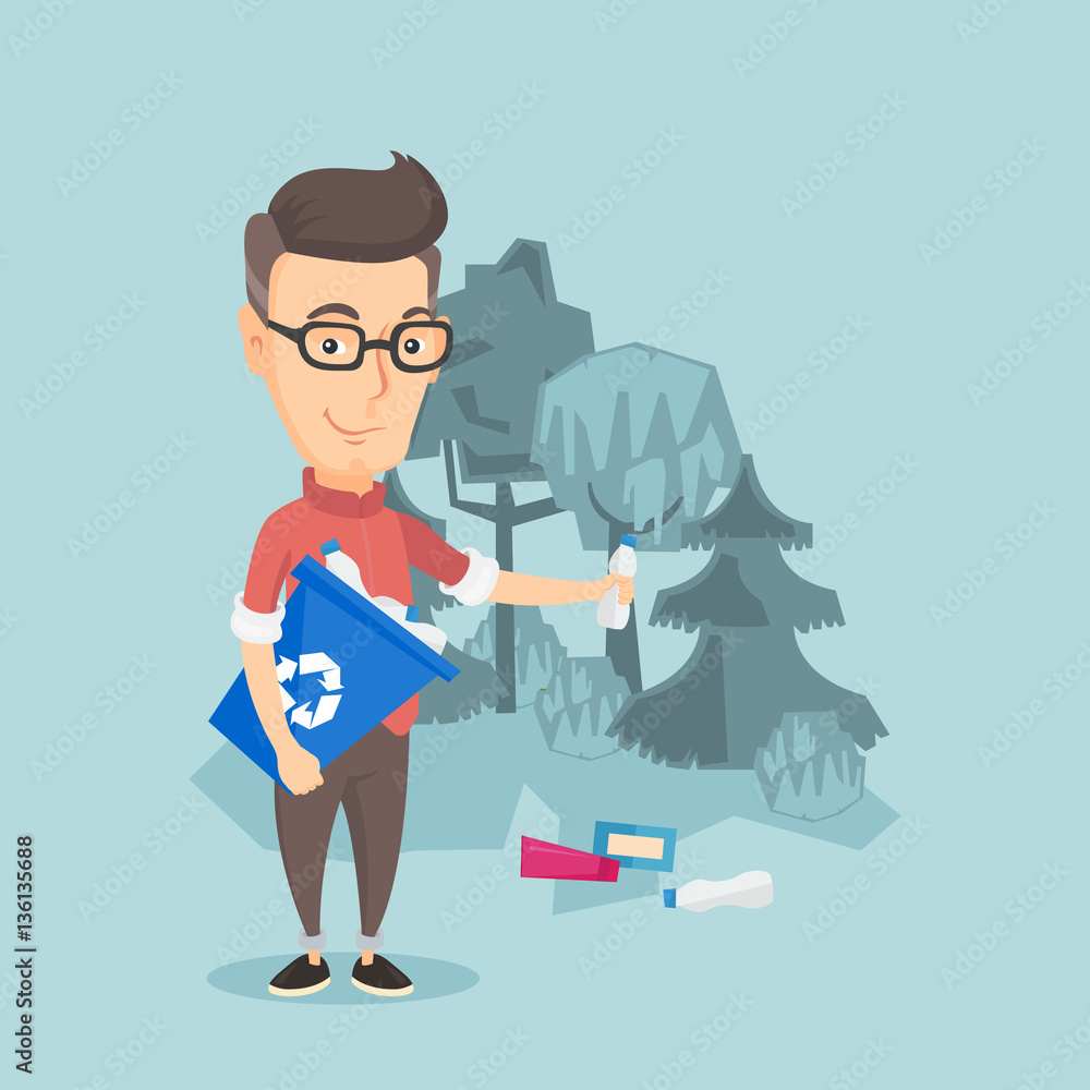 Poster man collecting garbage in forest.