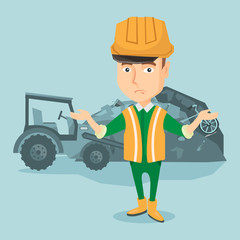 Worker and bulldozer at rubbish dump.