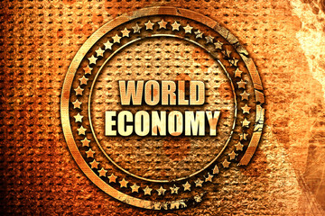 world economy, 3D rendering, text on metal