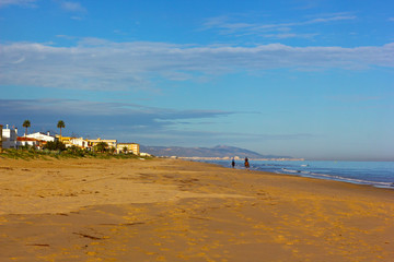 Mediterranean Sea landscape in winter, Spain. Empty beach on winter morning.