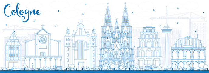 Outline Cologne Skyline with Blue Buildings.