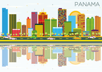 Panama Skyline with Color Buildings, Blue Sky and Reflections.