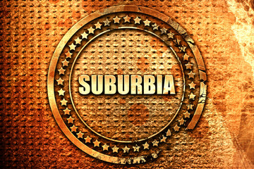 suburbia, 3D rendering, text on metal