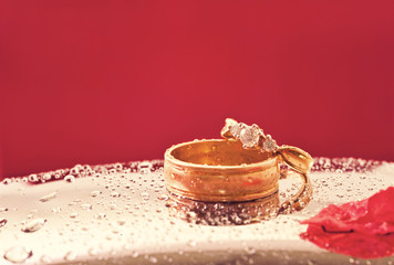 Close up romantic wedding ring with celebration background