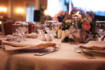 Glass wine glasses on the table served in the restaurant
