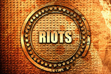 riots, 3D rendering, text on metal