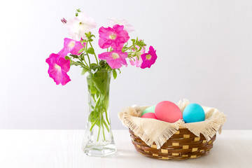 Easter table with dyed eggs.