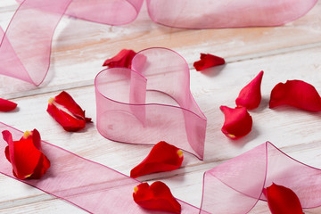 Purple Chiffon Ribbon Heart, Streamers, and Rose Petals