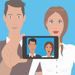 Portrait of a young man with a woman, make selfie photo