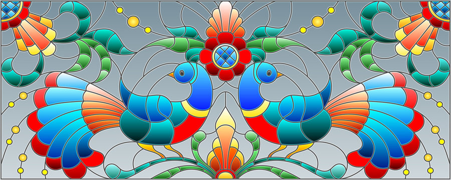 Illustration in stained glass style with a pair of abstract birds , flowers and patterns on a grey background , horizontal image