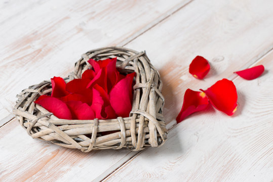 Wicker Rattan Heart Filled with Rose Petals