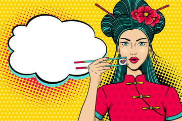 Pop art face. Young sexy asian woman with open mouth holding chopsticks with roll in form of heart in her hand and empty speech bubble. Vector illustration in retro comic style. Invitation poster.