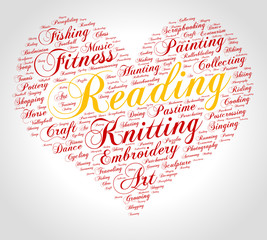 Reading. Word cloud, heart, italic font, grey gradient background. Hobby.