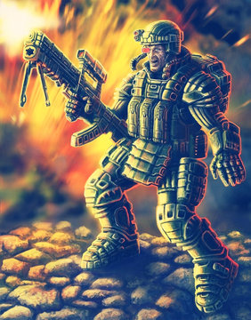 Heavy Infantry Firing in a Colorful Suit with a Large Plasma Rifle. Science Fiction Original Character the Soldier of the Future. Freehand Digital Drawing. Cool Art for Cover, Web icons and Print.