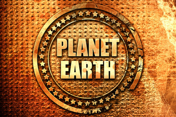 planet earth, 3D rendering, text on metal