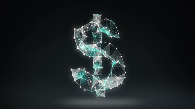 Numerous dots gather to create a Dollar sign, low-polygon web.