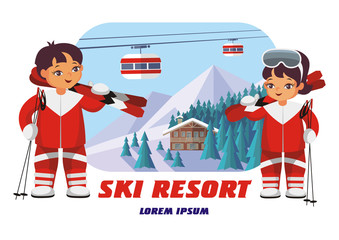 The vector image of skiers on the background of a winter mountain landscape.