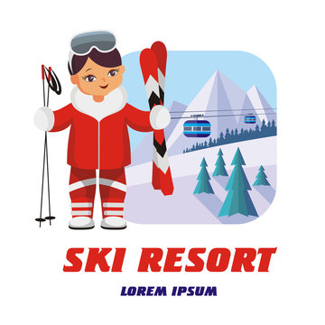 The  vector image of the skier in the background of a winter mountain landscape.