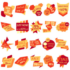 Set of Sale Discount Labels, Tags, Emblems. Web collection of stickers and badges for sale. Isolated vector illustration.
