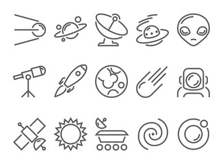 space and astronomy thin line flat icons set