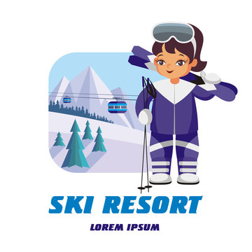 The  vector image of the skier in the background of a winter mountain landscape.