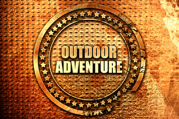 outdoor adventure, 3D rendering, text on metal