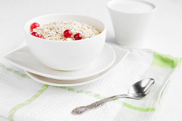 Rolled oats, porridge and cranberries for a healthy breakfast in a rustic style