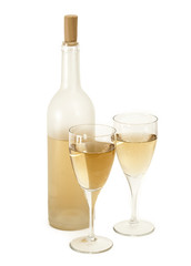 White wine with two goblet on white background