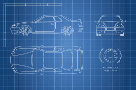 Drawing of the car on a blue background. Top, front and side view. The blueprint of  vehicle