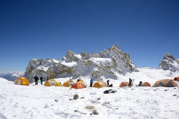 A beautiful blue sky day at High Camp on Aconcagua on of the 7 Summits.