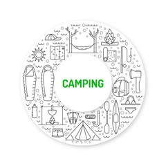 Vector linear icons on the topic of camping and Hiking in the wild, forest, lake, mountains, painted in a linear style.