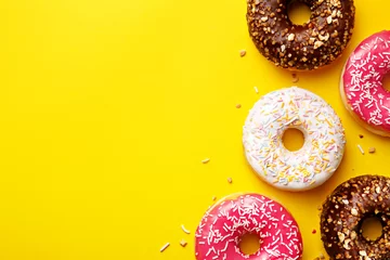 Afwasbaar fotobehang Flat lay donuts on a yellow background with copy space. Top view © virtustudio
