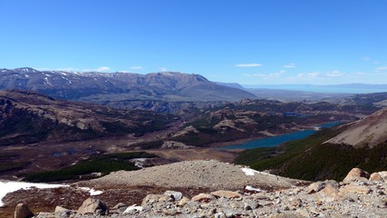 Beautiful view of the hiking terrain from Lagoon de los tres back towards El Chalten