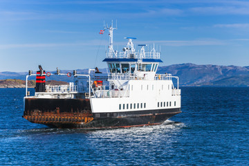 Ro-Ro ferry ship goes on sea, rear view