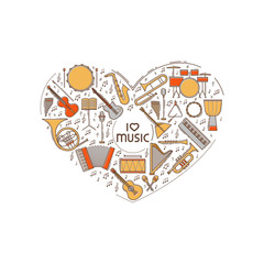 Vector concept with colorful music instruments icon set in heart shape. Thin line illustration. Sound silhouette isolated. Pictogram sign. Guitar harp violin bass drum piano saxophone note elements.
