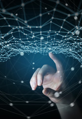 Businesswoman touching flying network dot 3D rendering