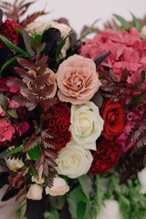 Wedding dicorating bouquet of roses and petals, closeup