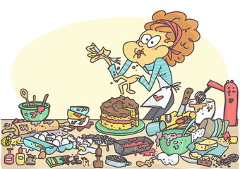 Shocked woman puking due to tasting a bad cake, funny vector illustration