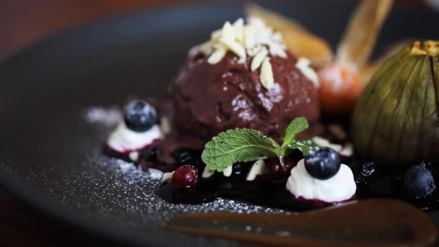 chocolate ice cream dessert on plate