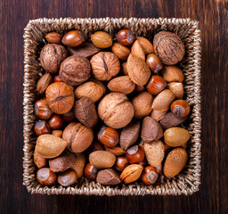 Mixed nuts.Walnuts,Brazil nuts,almonds,hazelnuts.Concept of Healthy Eating.selective focus.