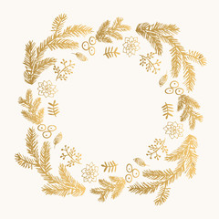 Golden Christmas wreath. Hand drawn. Vector. Isolated.