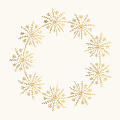Holiday wreath with snowflakes. Hand drawn golden frame. Vector illustration. Isolated.